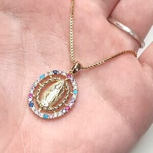 Gold Plated Sterling Silver Virgin Mary Gemstone Necklace Our Lady Christian